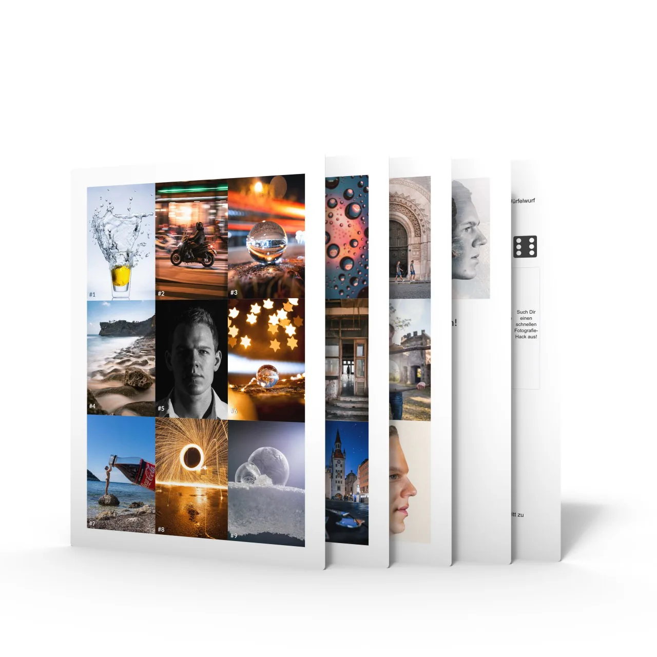 3D-Mockup eines aufgeschlagenen Buches mit Fotografie-Projekten auf den Seiten, mehrere weitere Buchseiten daneben gestellt