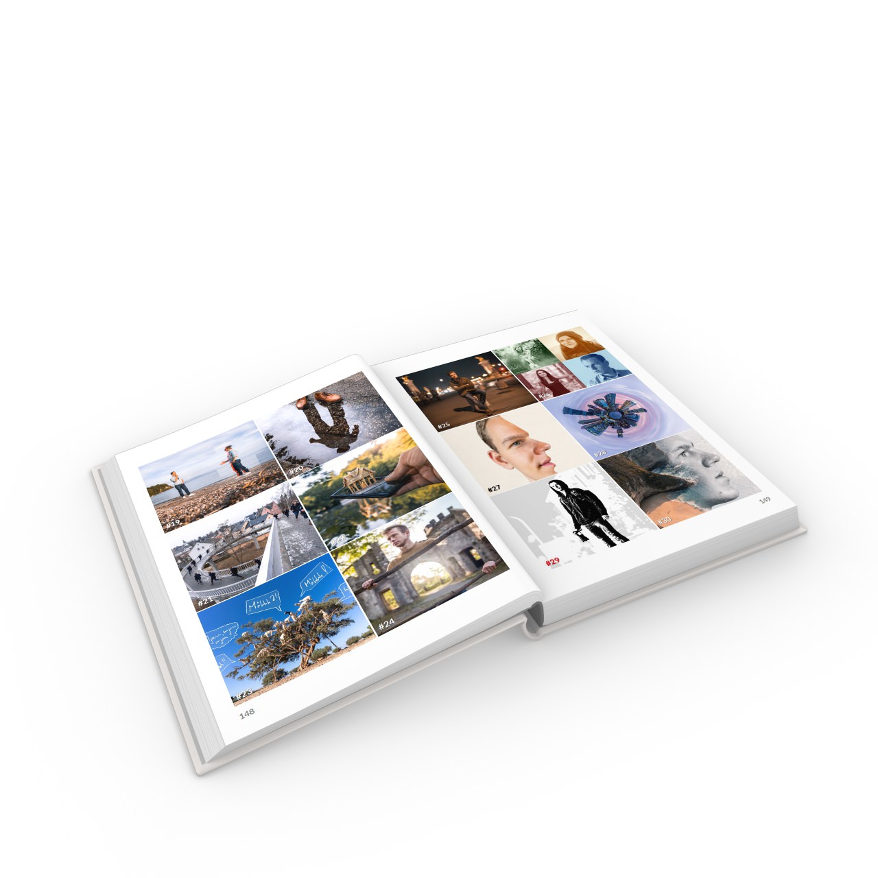 Aufgeschlagenes Buch zeigt Galerieseite mit verschiedenen kreativen Fotoprojekten