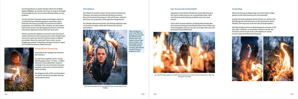 Doppelseite mit Feuer-Fotografie, Text über Portraitfotografie und mehreren Bildern von Flammen und brennendem Holz