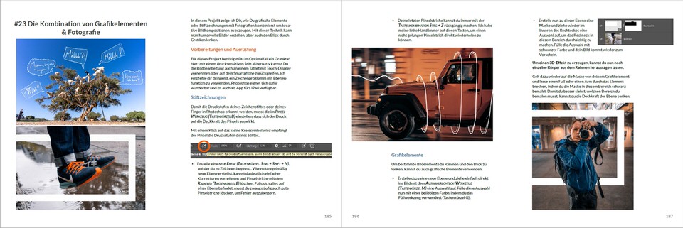 Doppelseite mit Grafik-Design und Fotografie, zeigt Auto-Illustration, Baum mit Grafiken, Motorrad und Portraitfotos
