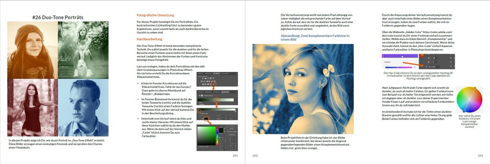 Doppelseite mit Duo-Tone Portraitfotos in Schwarz-Weiß und Farbe, Farbwertskala und Photoshop-Interface