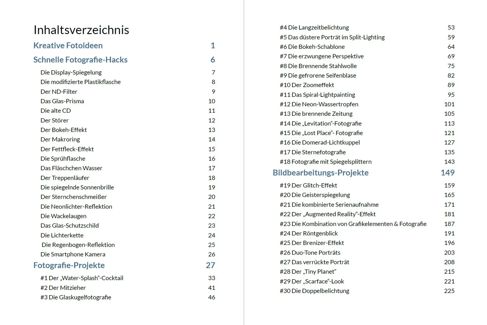 Inhaltsverzeichnis mit Kapitelübersicht: Schnelle Fotografie-Hacks, Fotografie-Projekte, Bildbearbeitungs-Projekte und Append