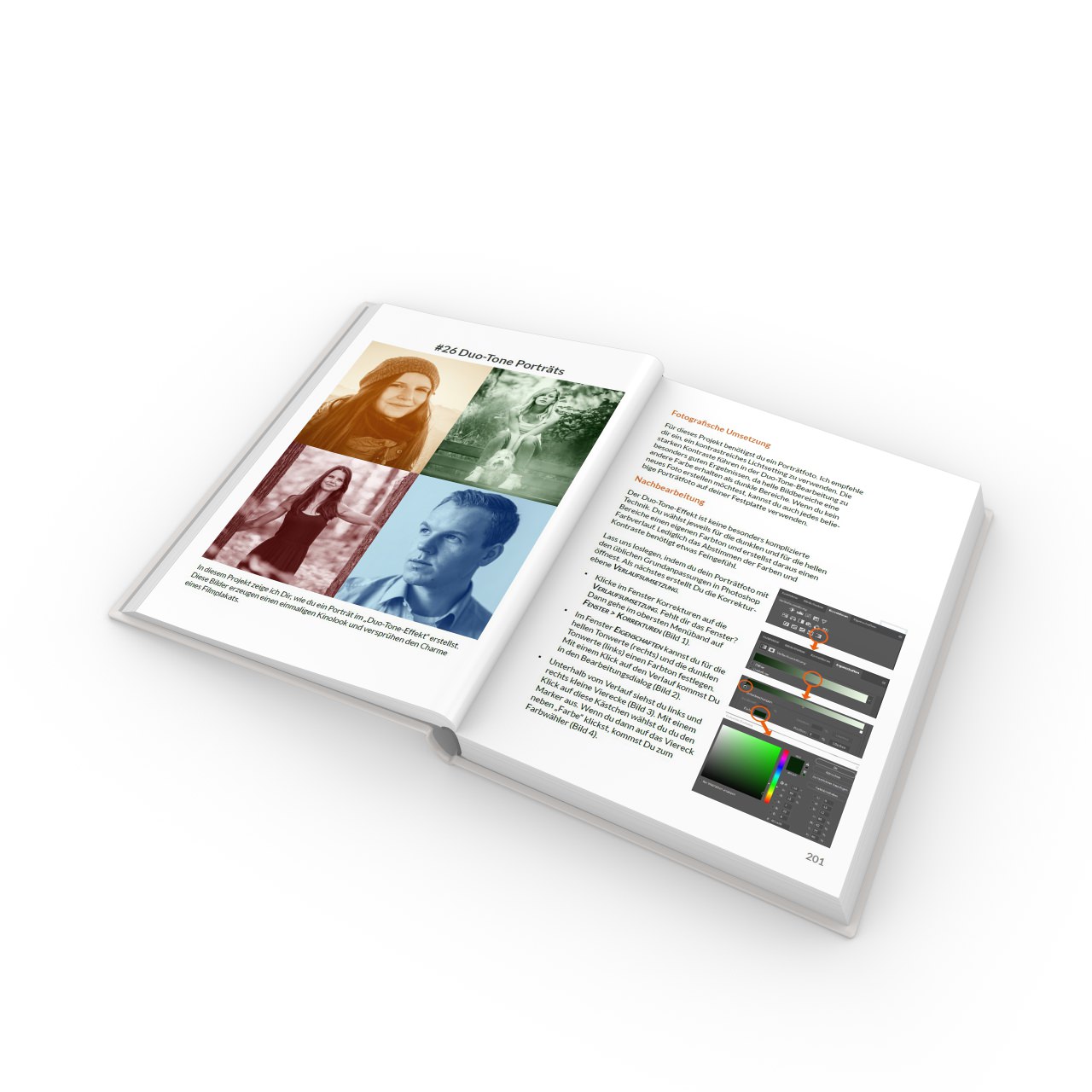 Aufgeschlagenes Buch mit Fotoprojekt Duo-Tone Porträts und Bearbeitungstutorials