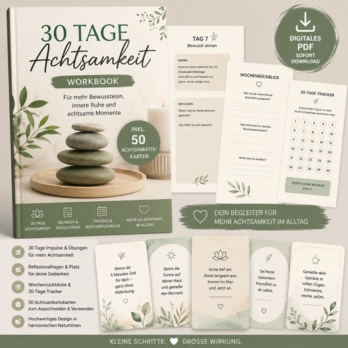 30 Tage Achtsamkeit Workbook mit Achtsamkeitskarten, Seiten und Zubehör