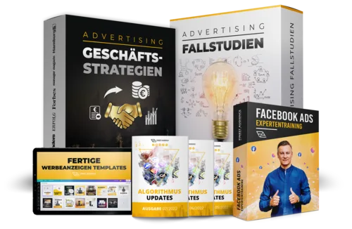 Produktabbildung Kurs-Bundle mit Boxen, Lernmaterialien und Facebook Ads Ratgeber