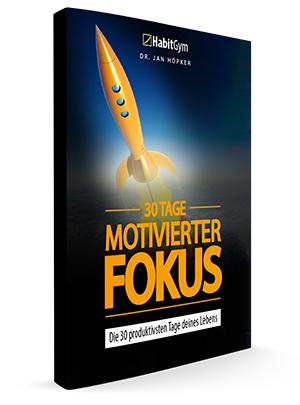 30 Tage Motivierter Fokus – Videokurs für mehr Konzentration 4 Produktcover 30 Tage Motivierter Fokus mit gelbem Rocket auf dunklem Hintergrund