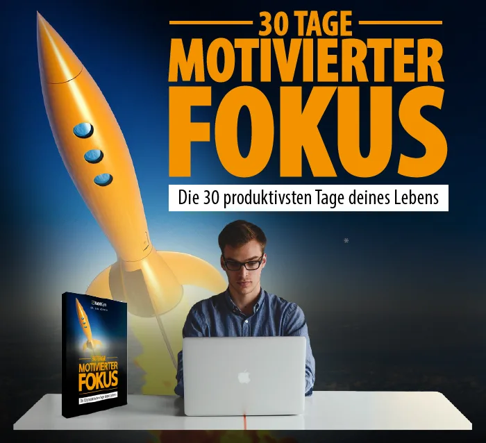 30 Tage Motivierter Fokus – Videokurs für mehr Konzentration 1 Hero-Header mit gelbem Rocket, Mann am Laptop und Produktbox für 30 Tage Motivierter Fokus Verkaufsseite