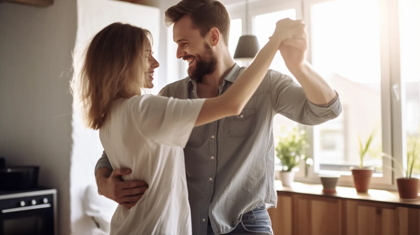 Glückliches Paar tanzt zusammen im Wohnzimmer