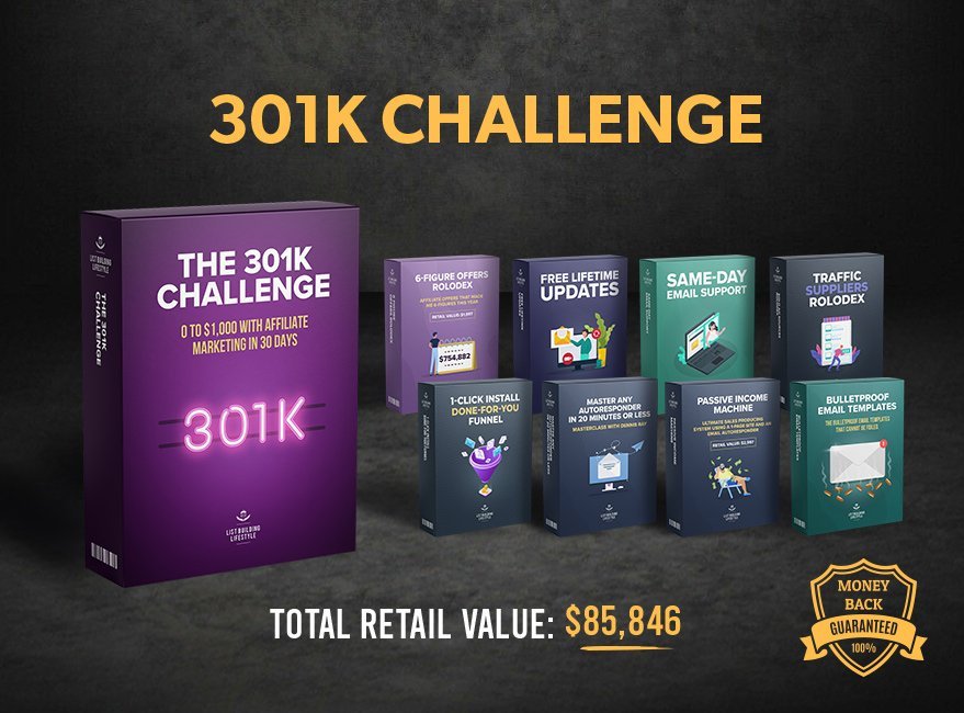 301K Challenge Produktbox mit Bonusmaterialien, Gesamtwert $85.846 und Money-Back-Guarantee