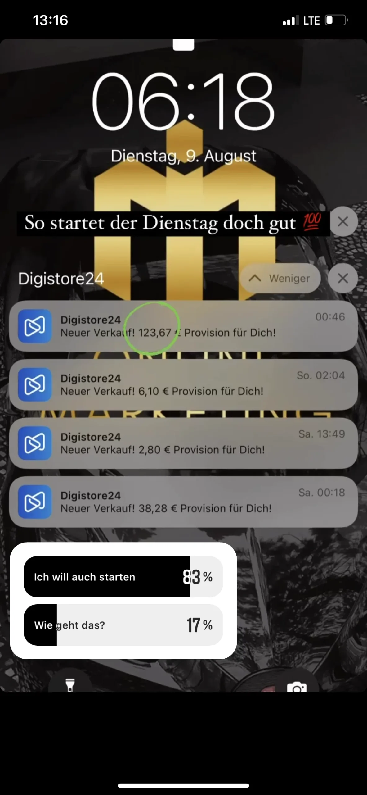 iPhone-Lockscreen-Screenshot mit Ilias Marketing Icon Gold und Motivationstext sowie Umfrage