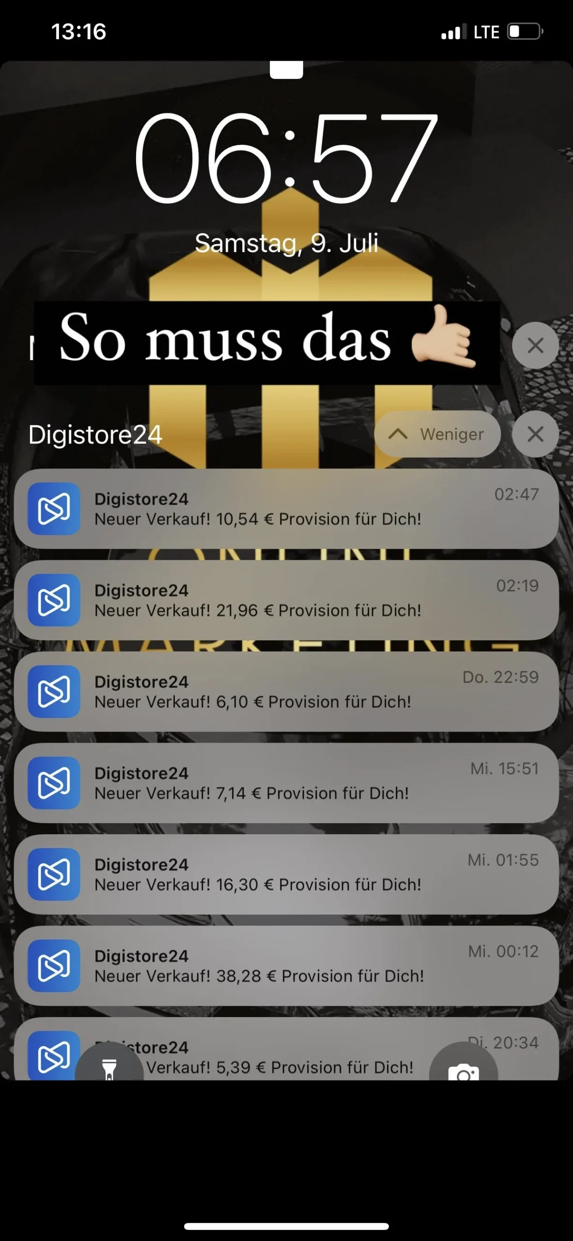 iPhone-Lockscreen-Screenshot mit Ilias Marketing Icon Gold und mehreren Verkaufsbenachrichtigungen