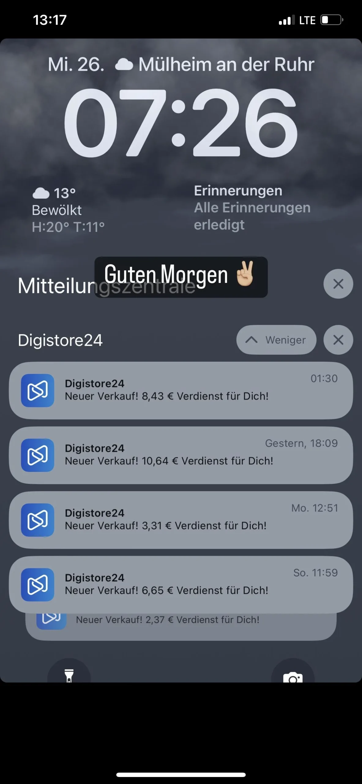 iPhone-Lockscreen mit Wetterdisplay und Ilias Marketing Icon Gold als Mitteilungszentrale