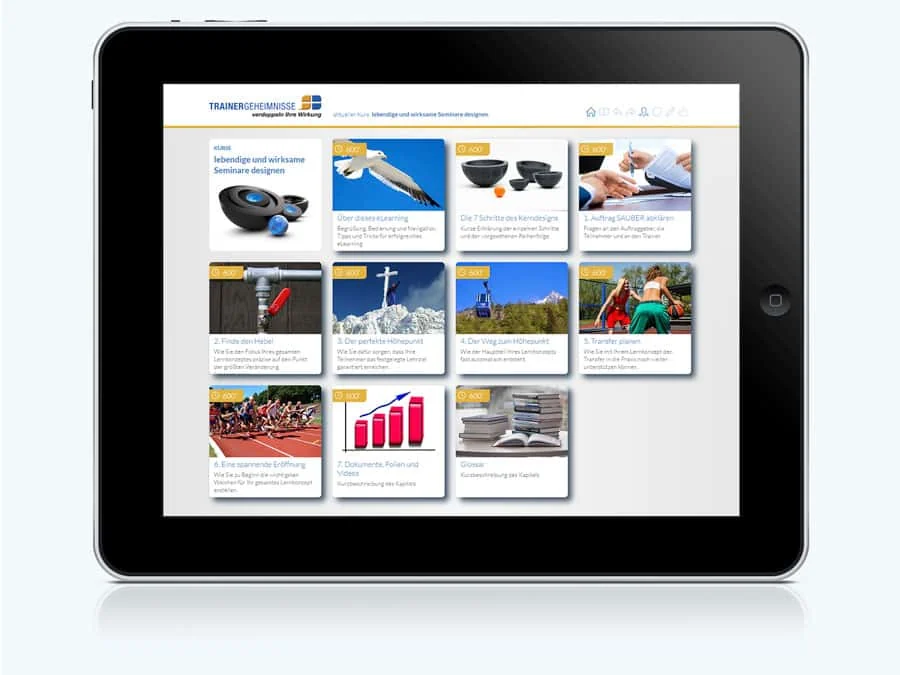 Tablet-Mockup zeigt TrainerGeheimisse-Webseite mit Seminar-Angeboten und Kurskacheln