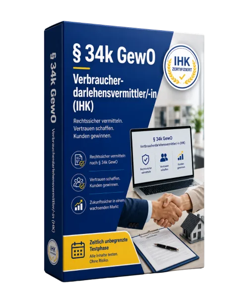 § 34k GewO Verbraucherdarlehensvermittler/-in (IHK) Sachkundelehrgang mit IHK-Zertifikat, Produktbox mit Laptop und Handshake
