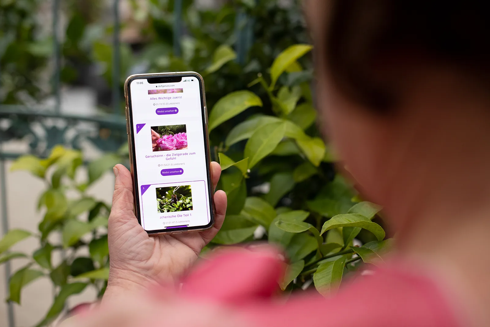 35 Jahre – Aromatherapie-Kurspaket von Barbara Tausch 8 Smartphone in Frauenhand zeigt Online-Kurse der Duftgenuss Aromapflege von Barbara Tausch vor Gewächshauskulisse