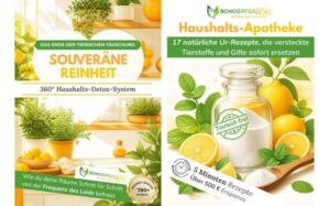 360° Haushalts-Detox-System Hero-Cover mit Küchenpflanzen, Zitronen und Titel Souveräne Reinheit