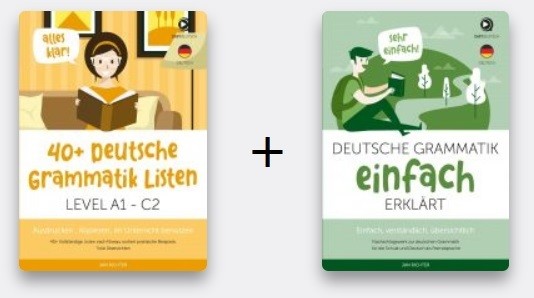 Zwei E-Book Covers nebeneinander: 40+ Deutsche Grammatik Listen (gelb) und Deutsche Grammatik Einfach Erklärt (grün)