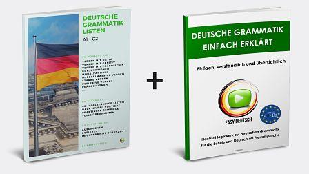 Zwei Produkt-Mockups nebeneinander: Deutsche Grammatik Listen Buch und Deutsche Grammatik Einfach Erklärt Buch mit Deutschlan