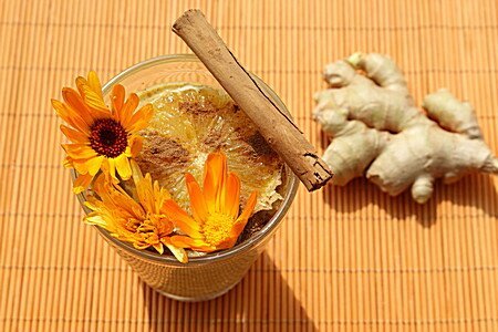 Ingwer-Getränk mit Blüte und Zimtstange in Glas, frischer Ingwer daneben
