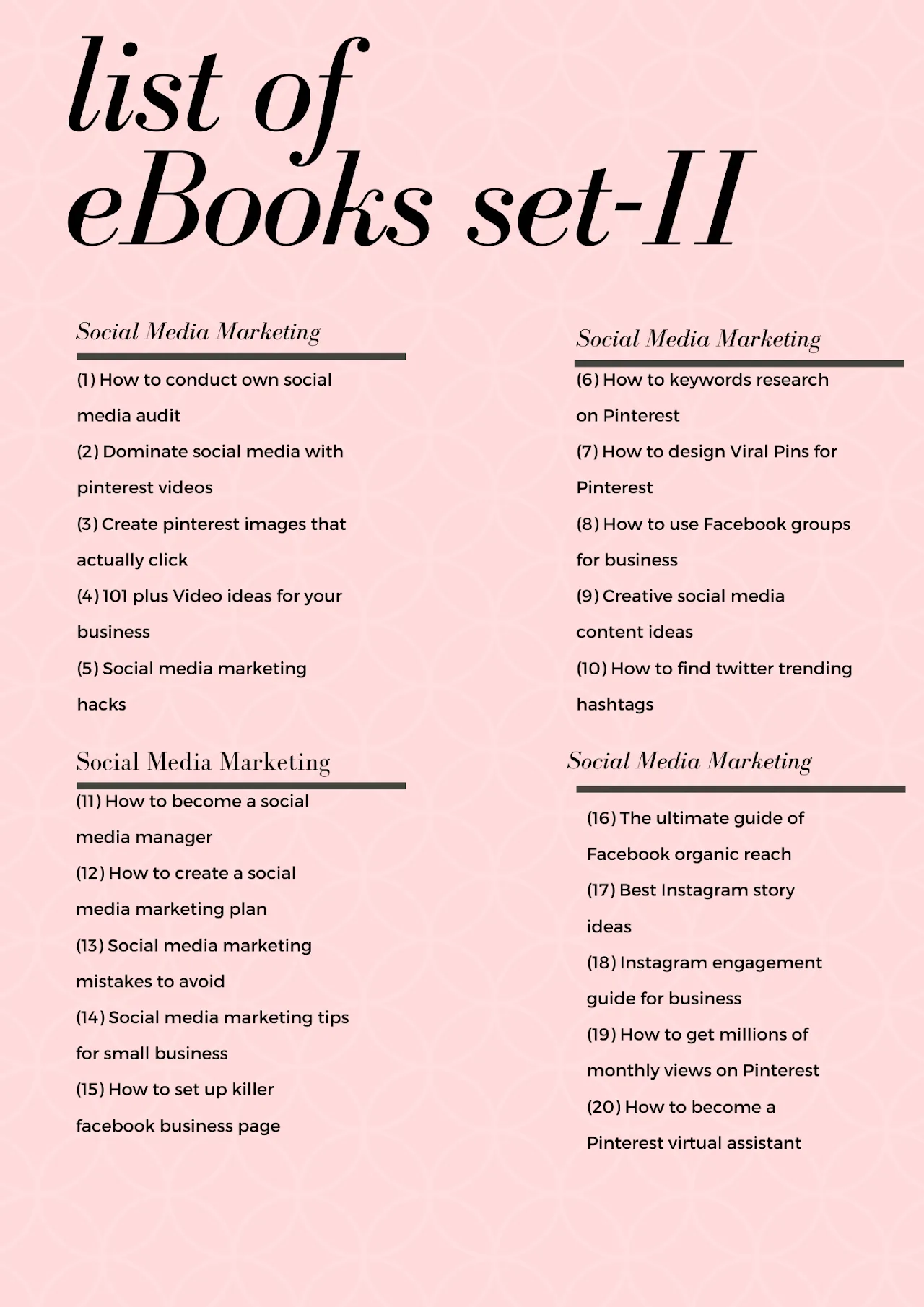Inhaltsverzeichnis Set 2 mit 20 Ebook-Titeln zu Social Media Marketing auf rosa Hintergrund