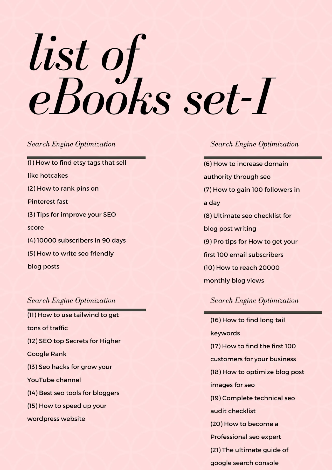 Inhaltsverzeichnis Set 1 mit 21 Ebook-Titeln zu SEO auf rosa Hintergrund
