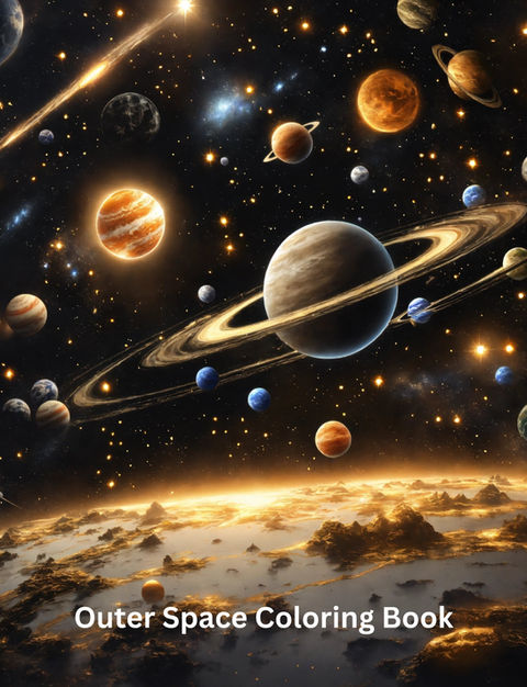 Outer Space Coloring Book Cover mit leuchtenden Planeten und Sternen