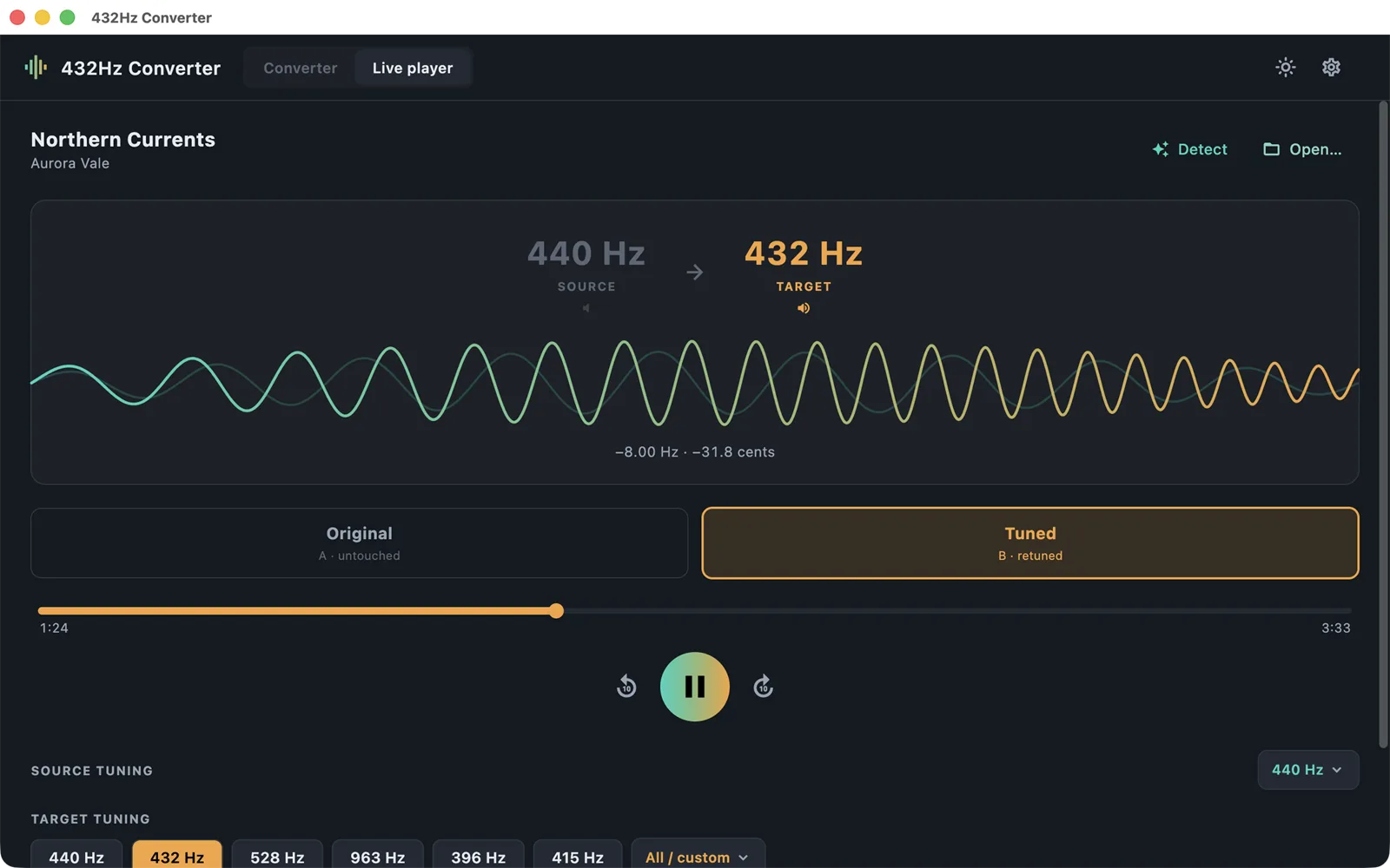 432Hz Converter Live-Player unter macOS mit Wellenform-Visualisierung und Wiedergabesteuerung für Echtzeit-Frequenzumwandlung