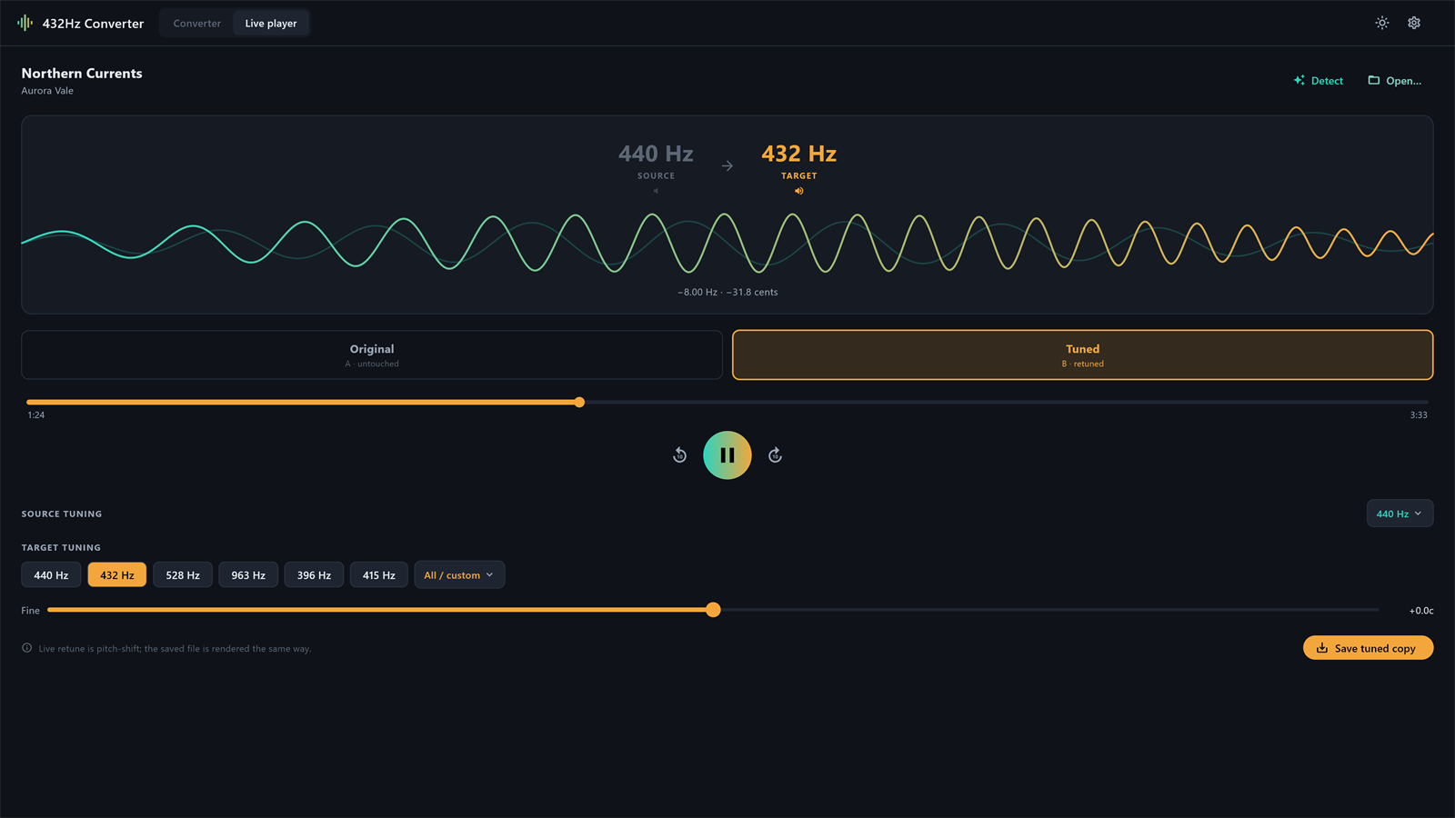 432Hz Converter Live-Player unter Windows mit Wellenform-Anzeige und Tuning-Steuerung für Echtzeitkonvertierung