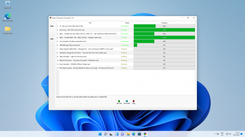 432Hz Converter Anwendung auf Windows-Desktop mit Dateikonten und grünen Fortschrittsbalken in Warteschlangenliste