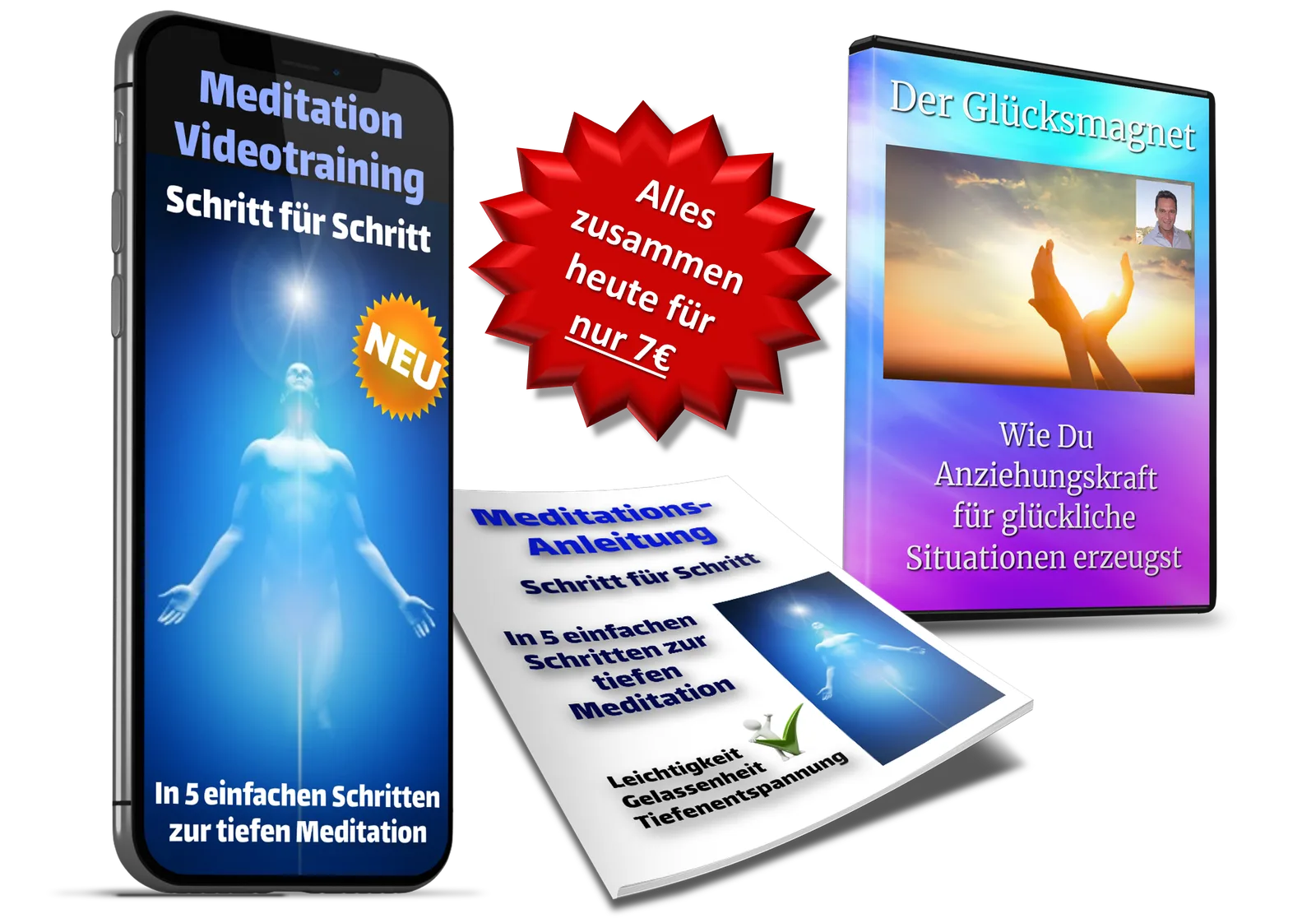 5-Schritte-Meditations-Videotraining 5 Meditation Videotraining Smartphone, Meditationsanleitung Buch, Glücksmagnet DVD Bonus Bundle