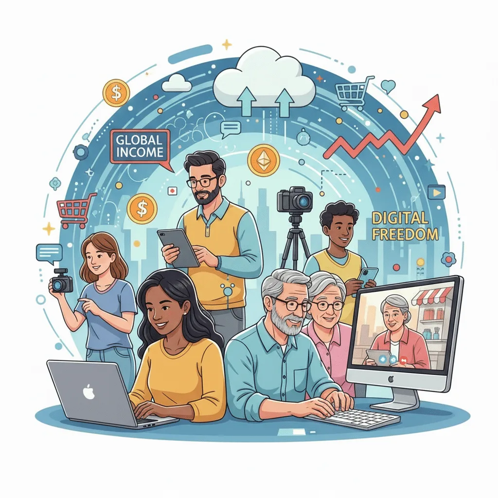 Illustrierte diverse Menschen mit Laptops, Kameras und Geräten, Globales Einkommenssymbol mit Aufwärtstrend