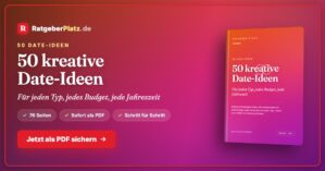 Hero-Banner mit Produktpräsentation: 50 kreative Date-Ideen E-Book, rotes Farbschema mit Book-Mockup auf der rechten Seite