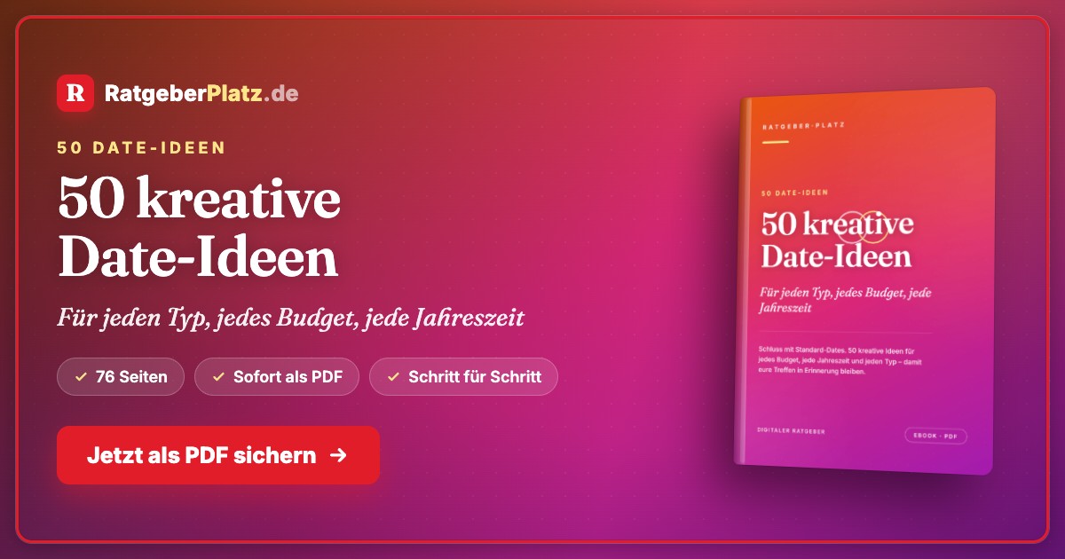 Hero-Banner mit Produktpräsentation: 50 kreative Date-Ideen E-Book, rotes Farbschema mit Book-Mockup auf der rechten Seite