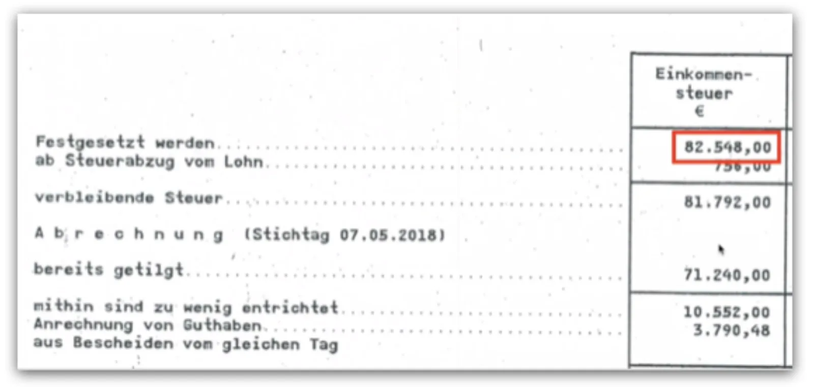 50k-Cashback-Formel – Videokurs zur Steuerrückholung 5 Screenshot eines Steuerbescheids mit Einkommensteuerbetrag 82.548,00 Euro in roter Box, Stichtag 07.05.2018