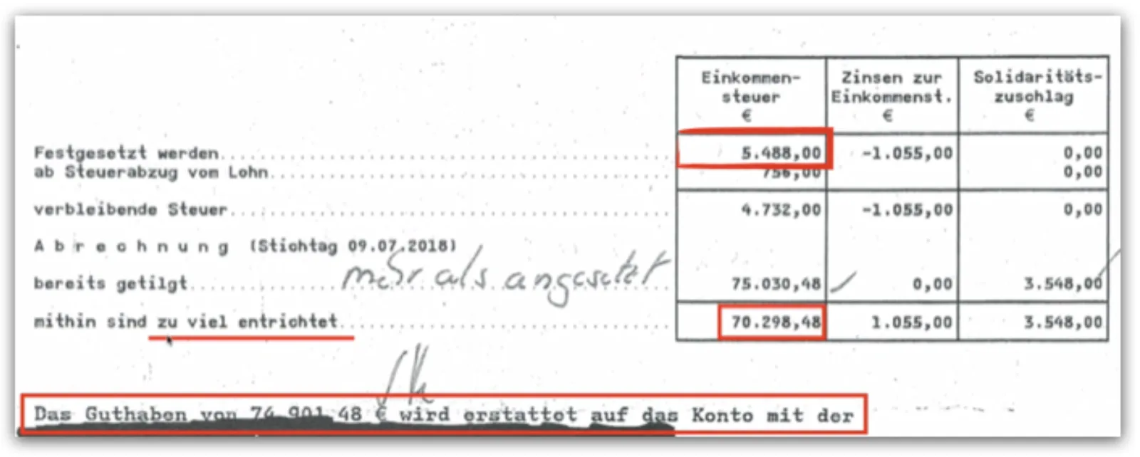 50k-Cashback-Formel – Videokurs zur Steuerrückholung 6 Screenshot eines Steuerbescheids mit Einkommensteuerbetrag 5.488,00 Euro in roter Box, handschriftliche Notizen, Gutschrift-H