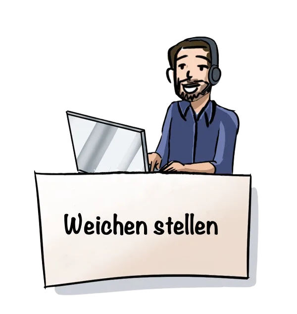 50k-Cashback-Formel – Videokurs zur Steuerrückholung 8 Cartoon-Illustration eines lächelnden Mannes mit Headset hinter einem Schalter mit Schriftzug 'Weichen stellen'