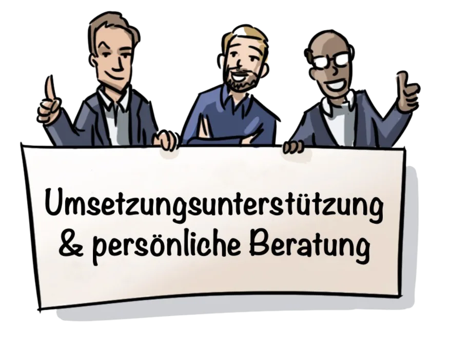 50k-Cashback-Formel – Videokurs zur Steuerrückholung 10 Cartoon-Illustration von drei lächelnden Männern in Anzügen mit Schriftzug 'Umsetzungsunterstützung & persönliche Beratung'