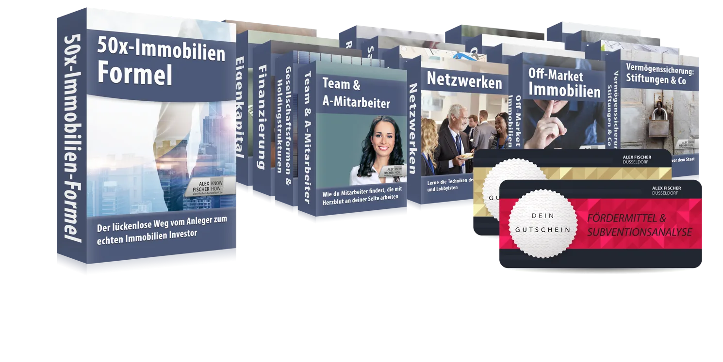 Übersicht der 50x-Immobilien-Formel Premium-Kurse mit neun Boxen: Formel, Einkauf, Finanzierung, Gestaltung, Team, Netzwerk,