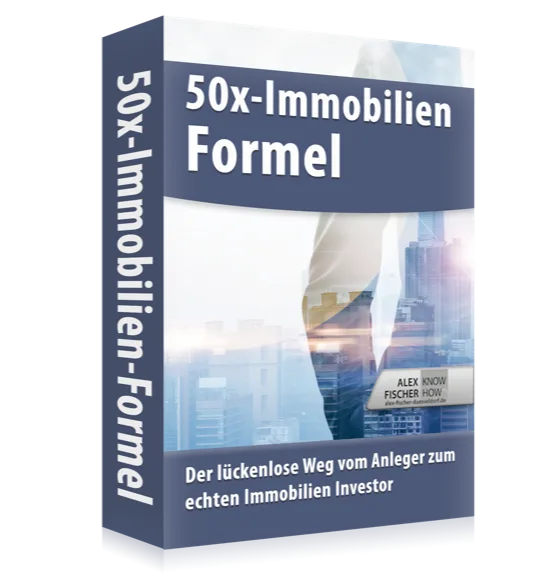 Produktbox 50x-Immobilien-Formel mit Stadtkulisse und Geschäftsmann, Autor Alex Fischer