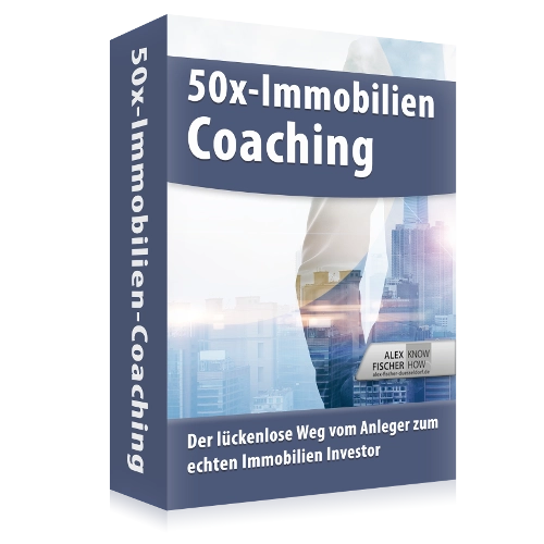 Produktbox 50x-Immobilien-Coaching mit Stadtkulisse und Geschäftsmann, Autor Alex Fischer