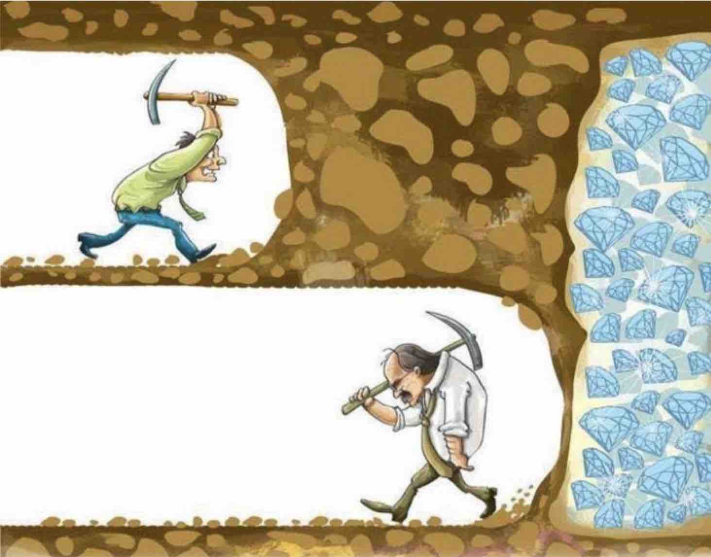 50x Multiple-Einkommensströme-Coaching von Alex Düsseldorf Fischer 6 Illustration zweier Männer mit Spitzhacken, die in Berg mit Diamanten graben