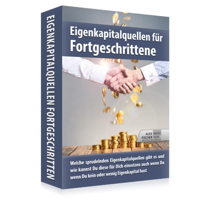5x Immobilien-Expansions-Coaching von Alex Düsseldorf Fischer 5 3D-Box-Mockup Eigenkapitalquellen für Fortgeschrittene mit Goldmünzen-Bild