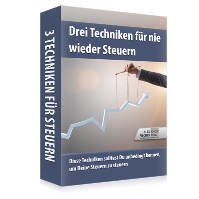 5x Immobilien-Expansions-Coaching von Alex Düsseldorf Fischer 4 3D-Box-Mockup mit Titel Drei Techniken für nie wieder Steuern und Wachstumsgraph