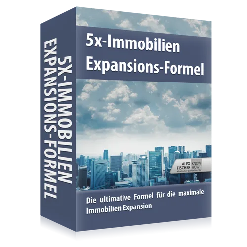 5x Immobilien-Expansions-Coaching von Alex Düsseldorf Fischer 1 3D-Box-Mockup des 5x-Immobilien-Expansions-Coaching mit Stadtskyline und blauem Design
