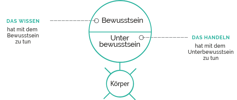 6 Minuten zum Erfolg – Mindset-Videokurs als Mitgliedschaft 4 Diagramm zum Zusammenhang von Wissen und Handeln mit Bewusstsein, Unterbewusstsein und Körper