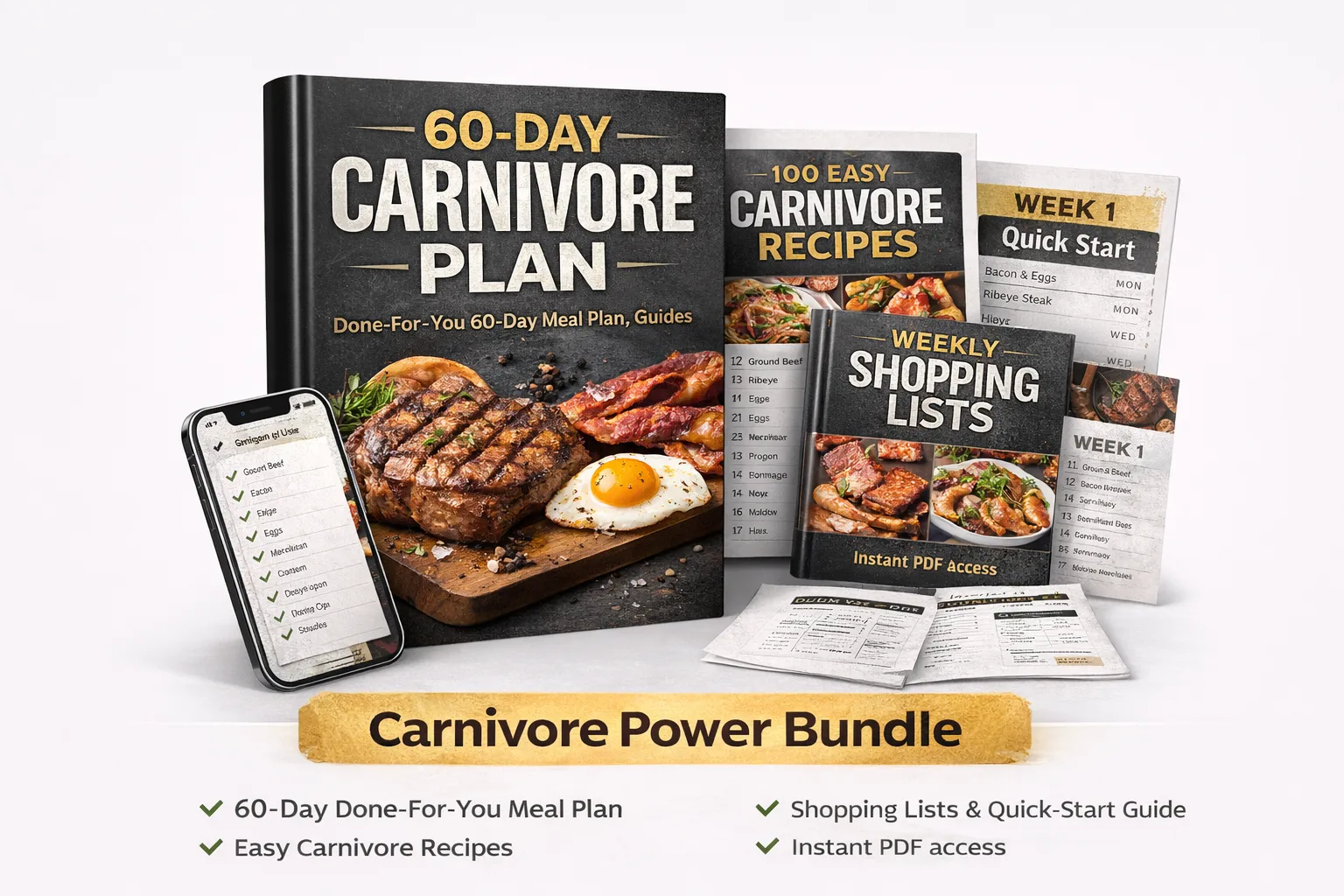 Carnivore Power Bundle Produktabbildung mit 60-Day Plan Buch, 100 Easy Carnivore Recipes, Weekly Shopping Lists, Quick Start