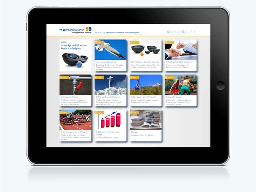 iPad-Mockup mit TrainerGeheimnisse Seminar-Katalog und Kurse