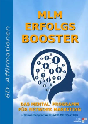 MLM Erfolgs-Booster Audio-Programm Cover mit Kopf-Silhouette und Netzwerk-Symbol im Himmel-Design
