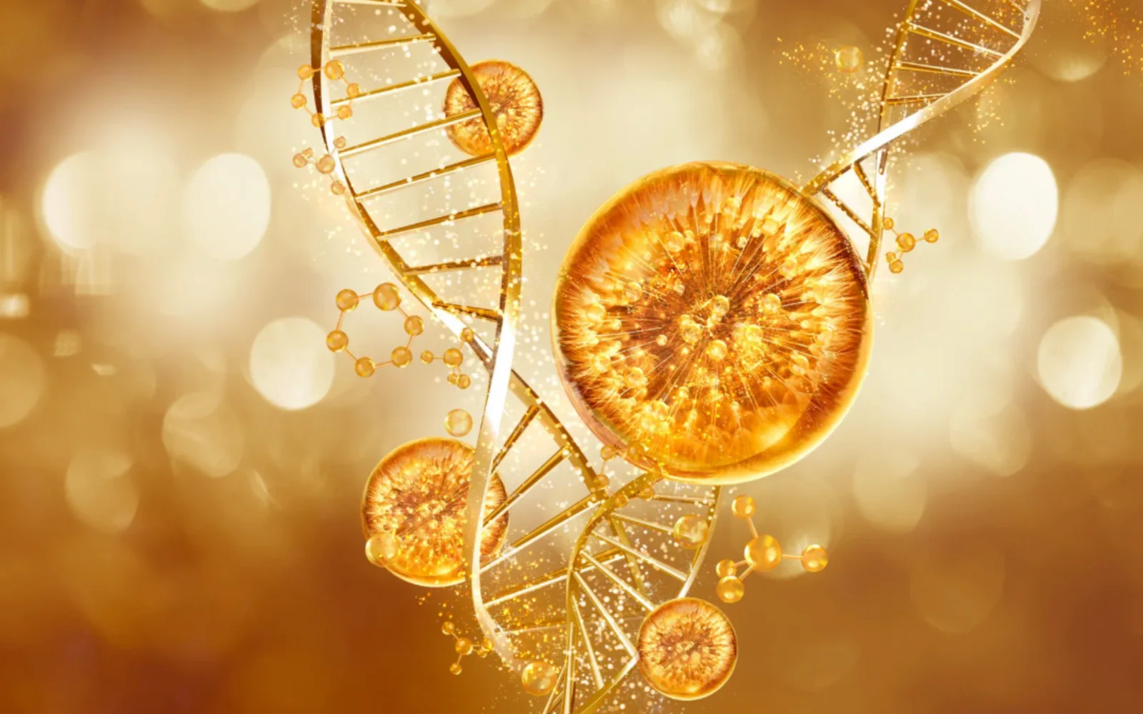 Illustrierte Orangenscheiben mit DNA-Helix und Vitamin-C-Partikeln, goldenes Bokeh