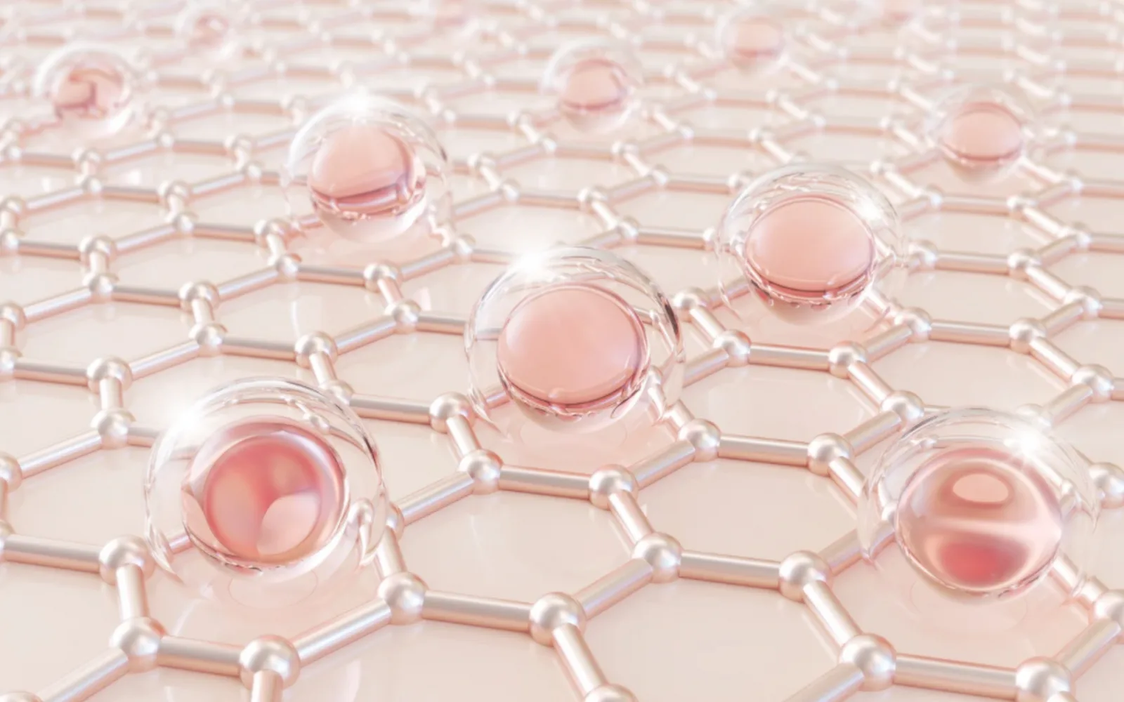 3D-Illustration transparenter Kugeln in molekularer Netzwerkstruktur, rosa Flüssigkeit